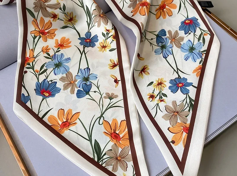 Frühling/Sommer Mode Stirnbänder für Frauen Blumendruck Leichter Schal Streamer Weiches Satin Halstuch Eleganter Haarschal – Detail 11
