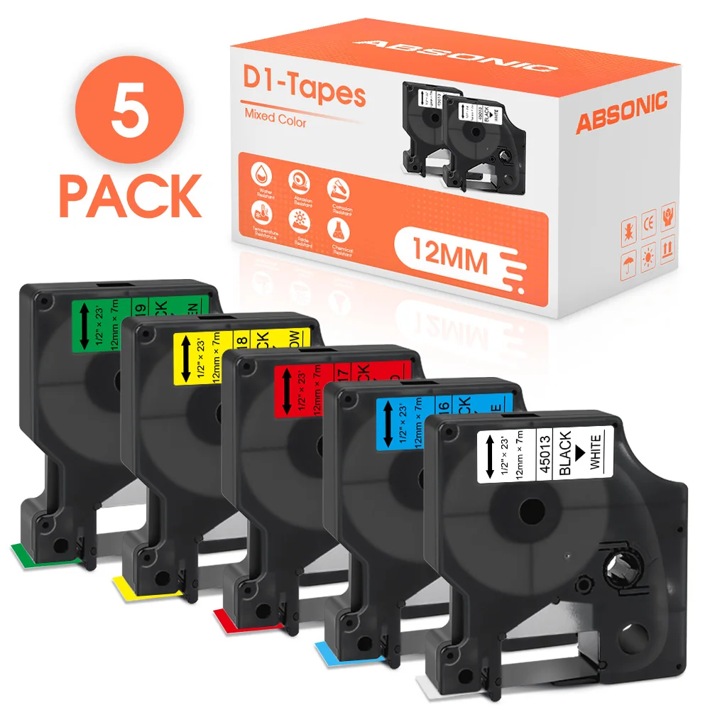 5pcs Compatible for Dymo D1 Tapes 45013 45016 45017 45018 45019 12mm