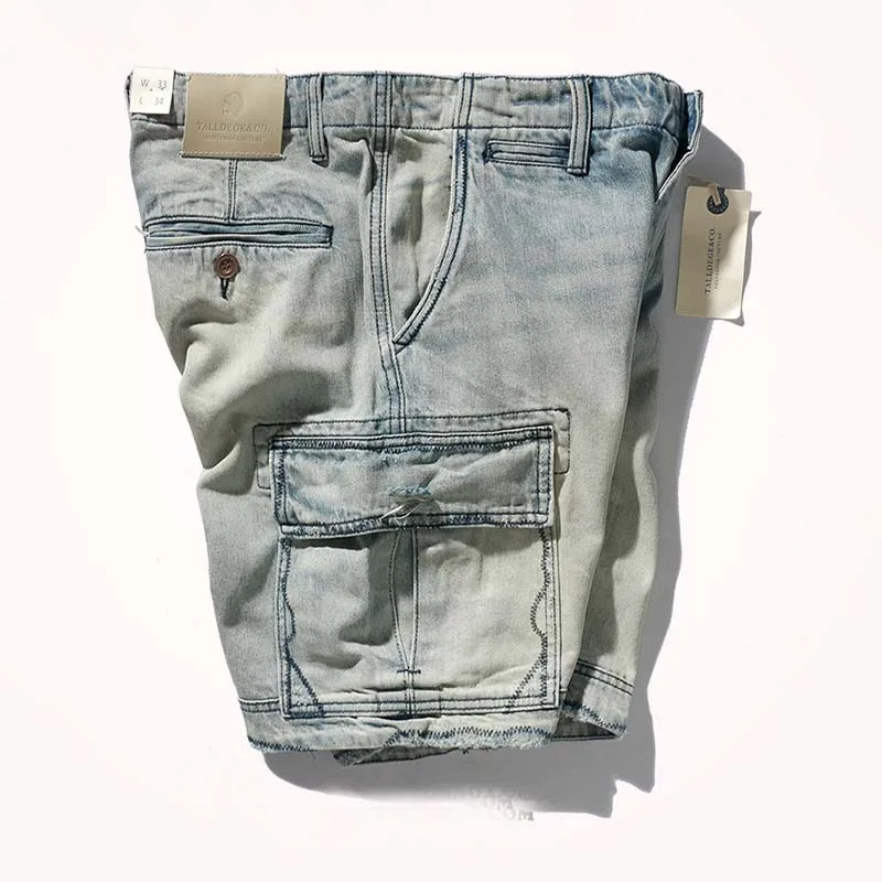 Mcikkny Men's Summer Cargo Denim Shorts Multi Pockets Vintage Washed Jeans Shorts For Male Streetwear