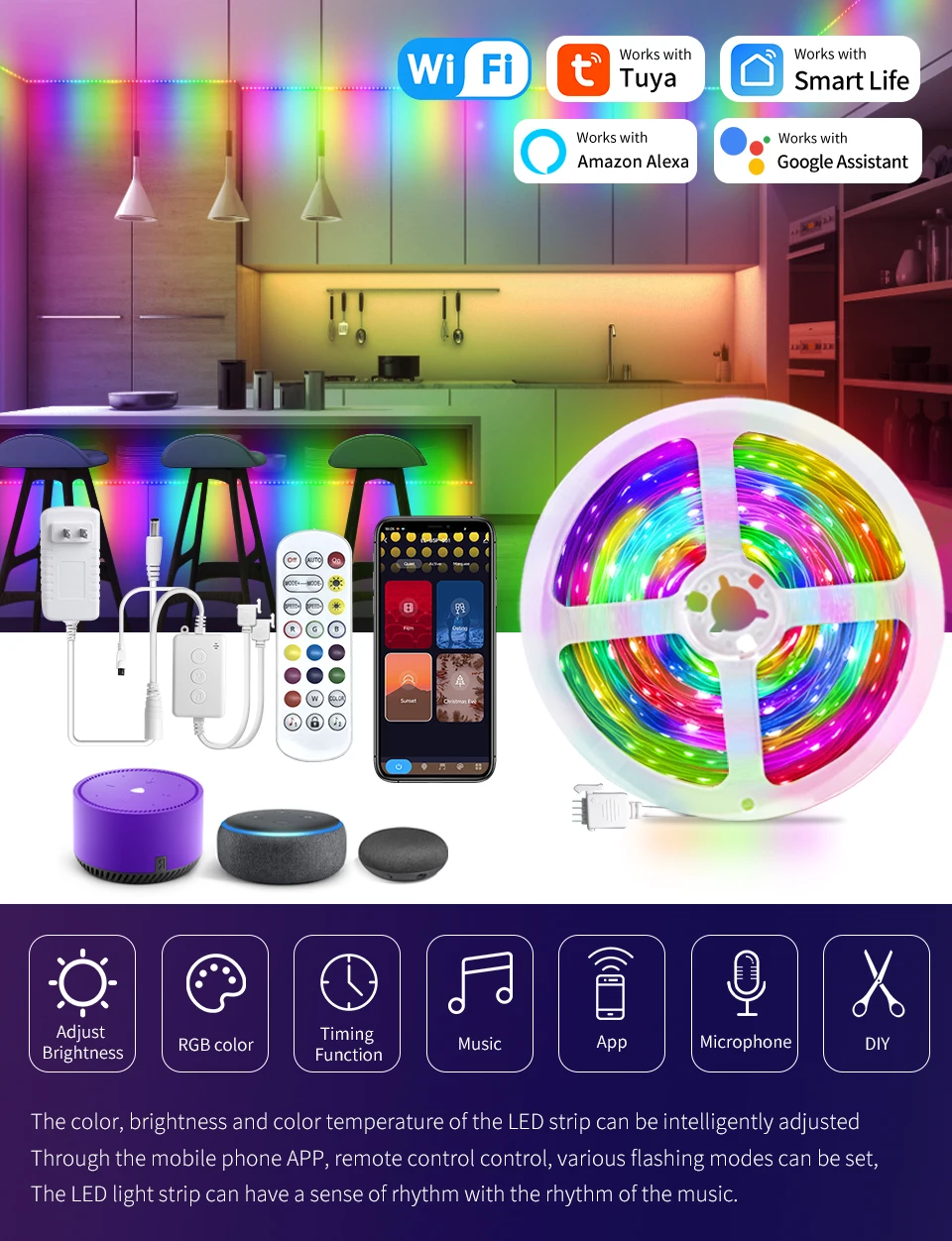 5m 20m Tuya Smart WiFi RGB LED Strip WS2811 Dream Color Music Sync Diode  Tape APP Control Works with Alexa Google Home Backlight| | - AliExpress