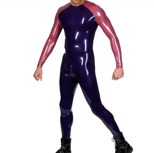 Latex Rubber Blue red patchwork Jumpsuit cosplay party comfortable fashion handmade Size XS~XXL