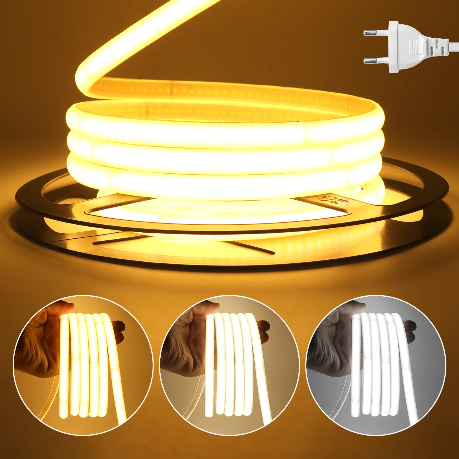 220 V selbstklebendes COB-LED-Streifenlicht, integrierter IC, 240 LEDs/m, flexibles Band, IP65, wasserdichtes Neonstreifenband mit EU-Steckerschalter/2Pin – Detail 2