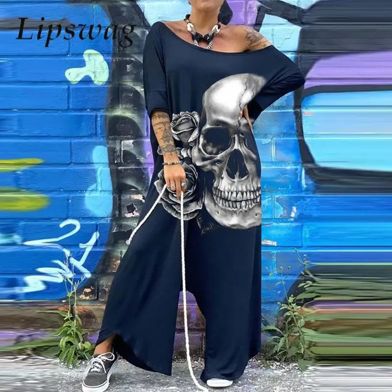 

Women Short Sleeve Off-Shoulder Casual Romper Female Cross-Pants Playsuit Overall Retro Harajuku Rose Skull Print Loose Jumpsuit