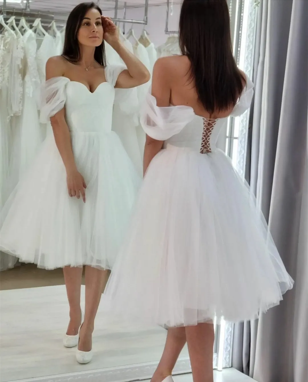 

Elegant Short Ivory Tea Length Wedding Dresses A Line Tulle Off Shoulder Lace Up Back Bridal Gown for Women
