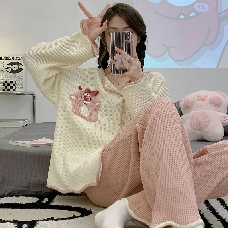 Waffle pajamas women spring autumn pure cotton new long-sleeved cartoon cute sweet style outer wear home clothes set freshing