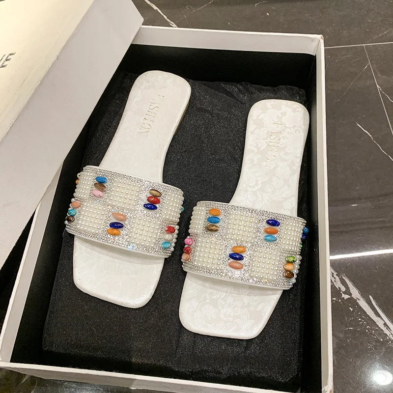 Summer Sandals Women New Summer Flat Sandals Shoes Female Designer Square Toe Bling Luxury Slippers Zapatos De Mujer