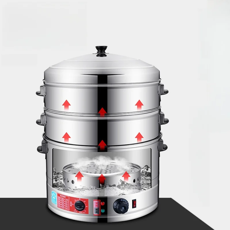 220V Electric Steamer Stainless Steel 35/40/47/52cm Big Capacity Commercial Steamer Pot 3/4 Layers Electric Food Steamer Timing 4