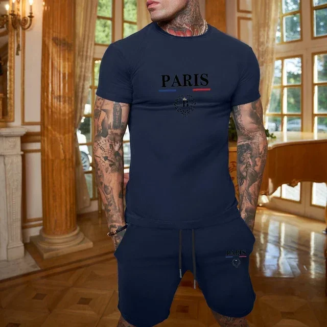 thumbnail image 1 of Conjunto de 2 piezas de camiseta de manga corta y pantalones cortos divididos de moda de verano 2024 para hombre, ropa deportiva de moda, conjunto informal para correr para hombre, 1 of 5