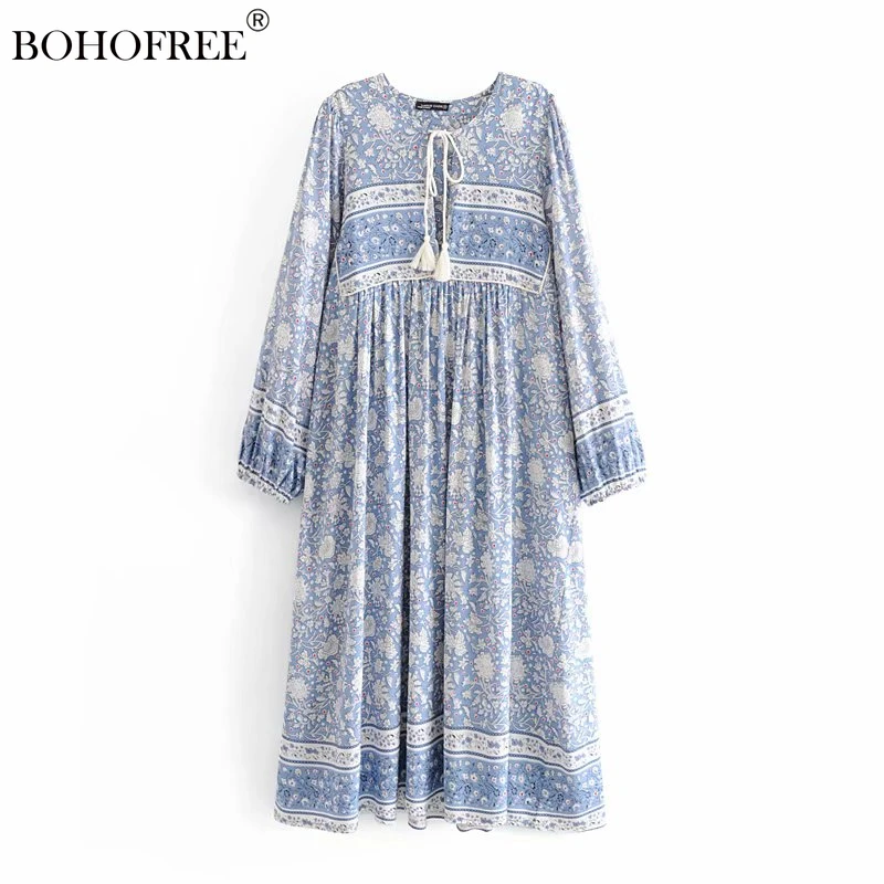 

Vintage Chic Women Tie Neck Long Sleeve Floral Porcelain Print Beach Bohemian Maxi Dresses Ladies Rayon Cotton Boho Dress Robe