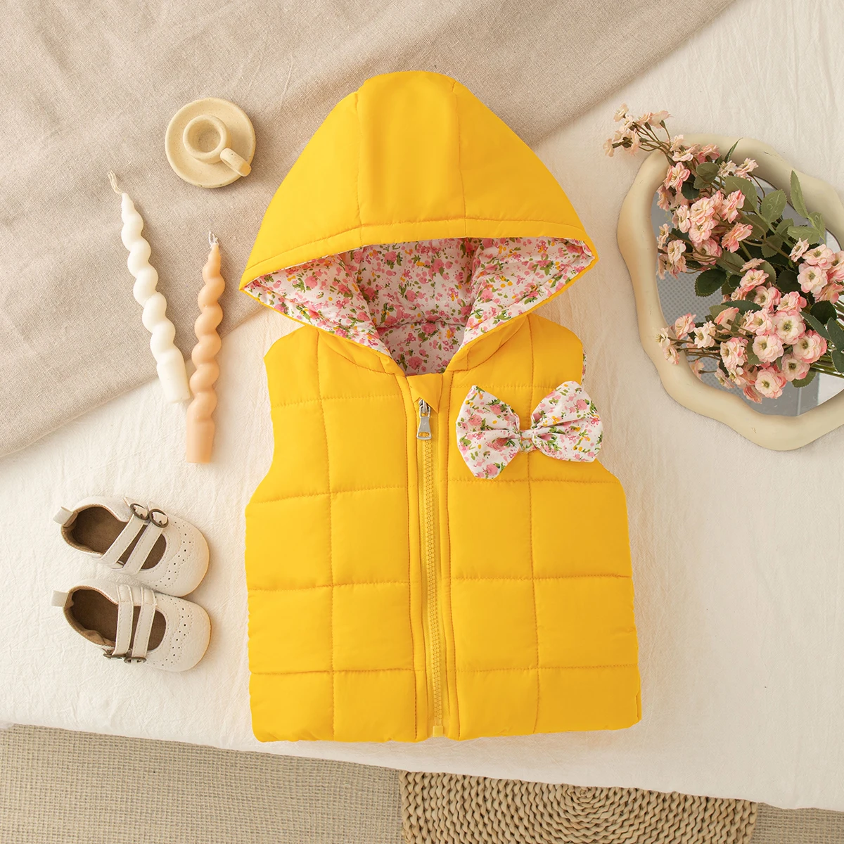 Children's Clothing Winter Cute Hooded Warm Children's Vest Outerwear Floral Solid Color Girl's Jacket Tops