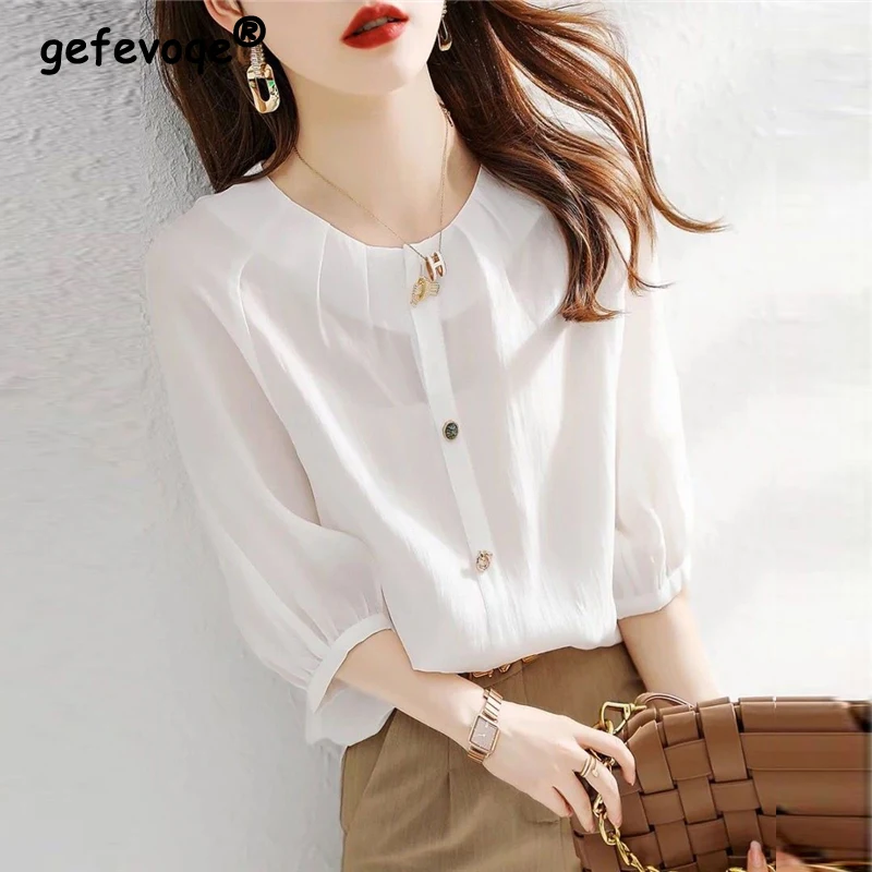 Women Ruffled O Neck with Buttons Sweet Chic White Shirts Summer Trendy 3/4 Sleeve Loose Pullover Blouses Blusa Mujer Moda 2023