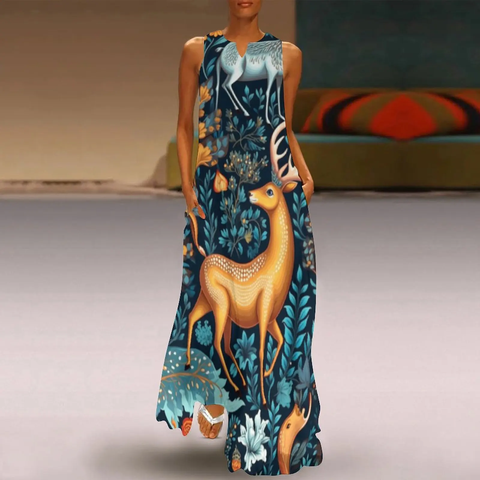 

Fashion Women's Long Dress Summer Hunting Deer Urkish PaisleyPrint Evening DressVintageDress For Women