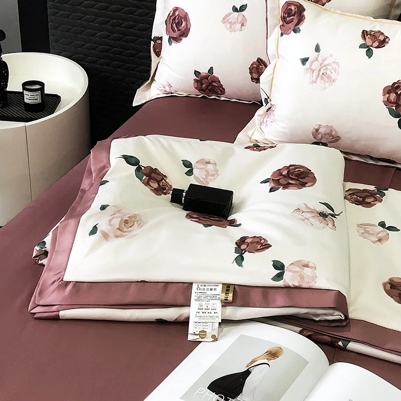 

Summer Thin Quilt 4pcs Home Textiles Light Luxury Summer Cool Blanket Queen Size Air Conditioning Quilt Bed Sheet Pillowcase Set