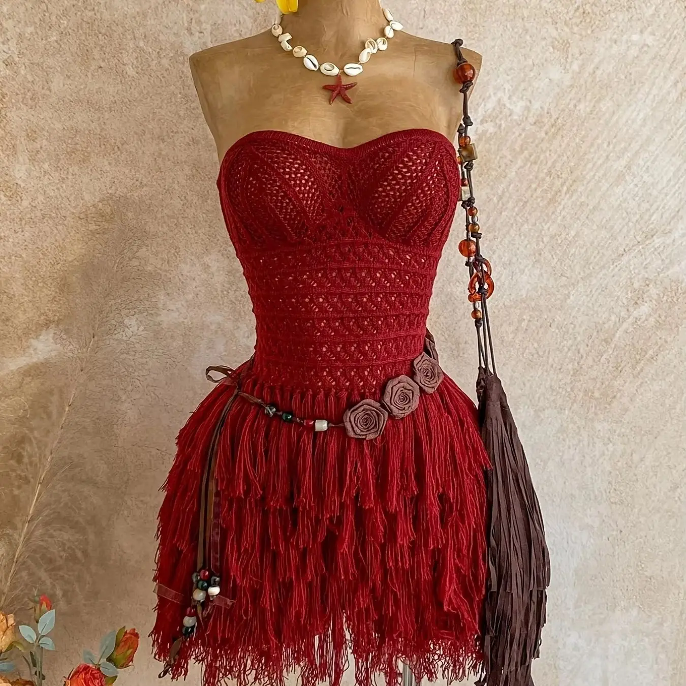 2026Spring Summer Women's Burgundy Red Strapless Crochet Mini Dress Sweetheart Neck Fringe Tassel Slim Fit Party Clubwear