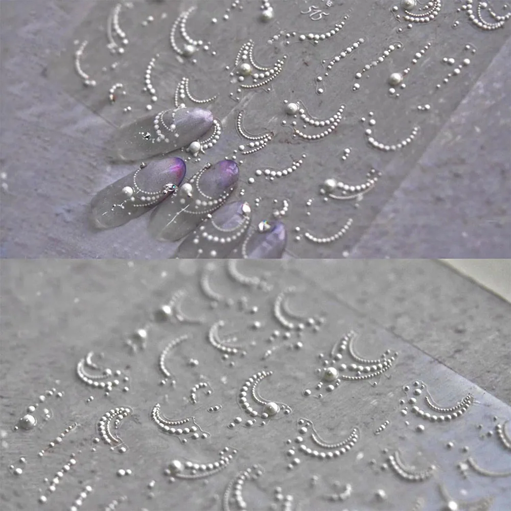 Weiße Perlen Kette Nail Art Aufkleber 5d geprägt romantische Französisch Nagel Aufkleber Linie Maniküre Aufkleber Zubehör Perlen Dekoration – Detail 4
