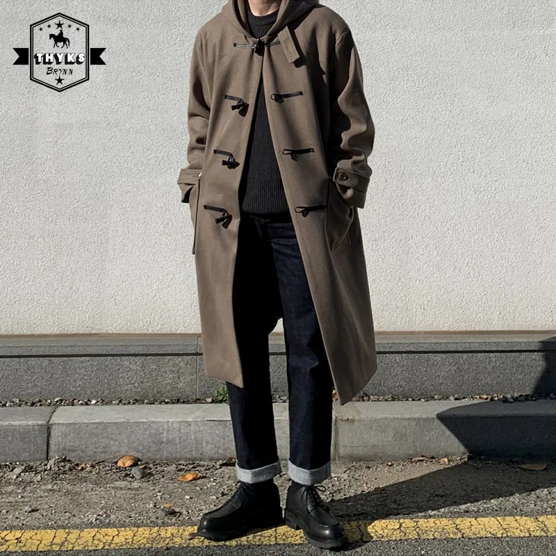 Men's Hooded Horn Button Woolen Overcoat Korean Loose Windproof Long Lapel Trench Coats Male Solid Casual Daily Woolen Coat New