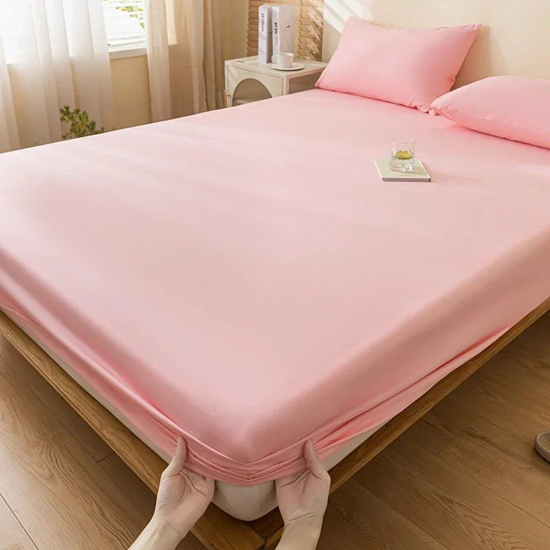 Waterproof Fitted Sheet Single Double Queen Size Mattress Cover Solid Color Fit Sheet 80x200 180x200 With Elastic Band Bed Sheet 4