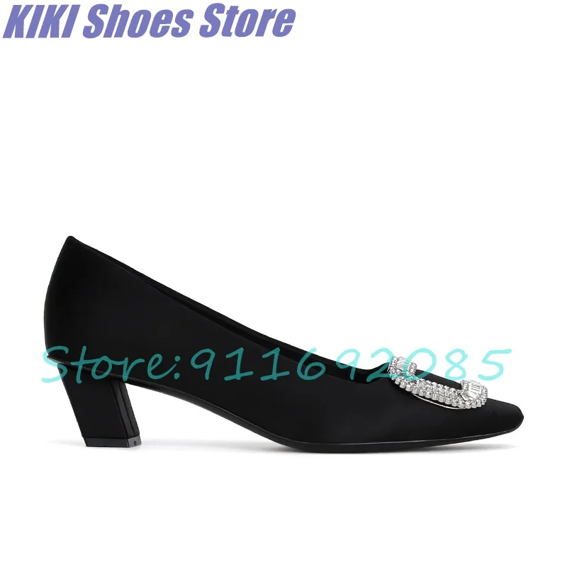 

Elegant and Fashionable Silk Satin Rhinestone Black Leather Square Buckle Shallow Heel Square Toe Women's Wedding Shoes