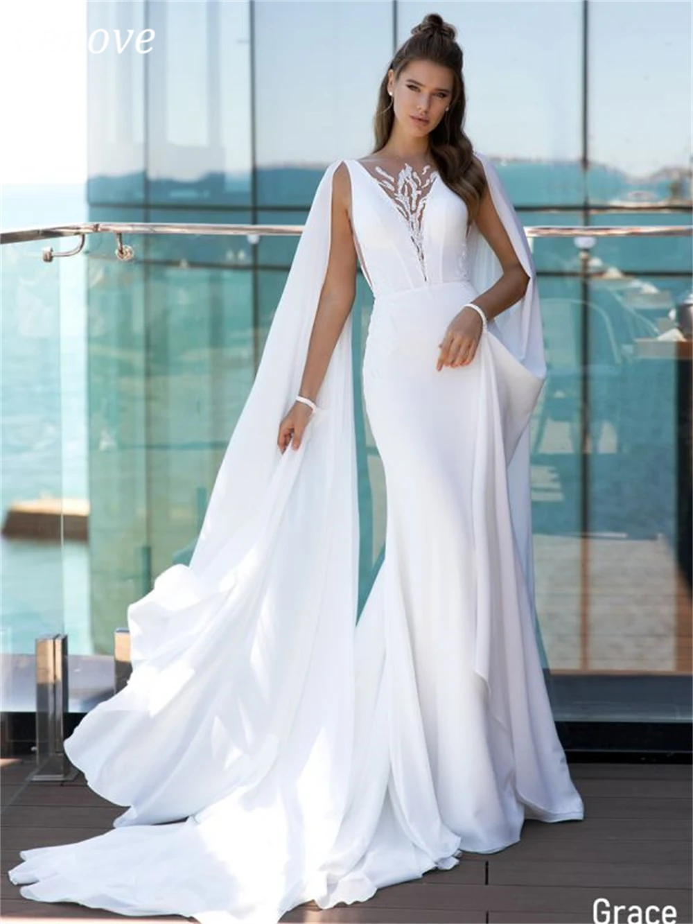 

Cenove V-Neck Chiffon Shawl Formal Occasion Wedding Gown Prom Sheath Backless White Party Dresses for Women 2023 bride