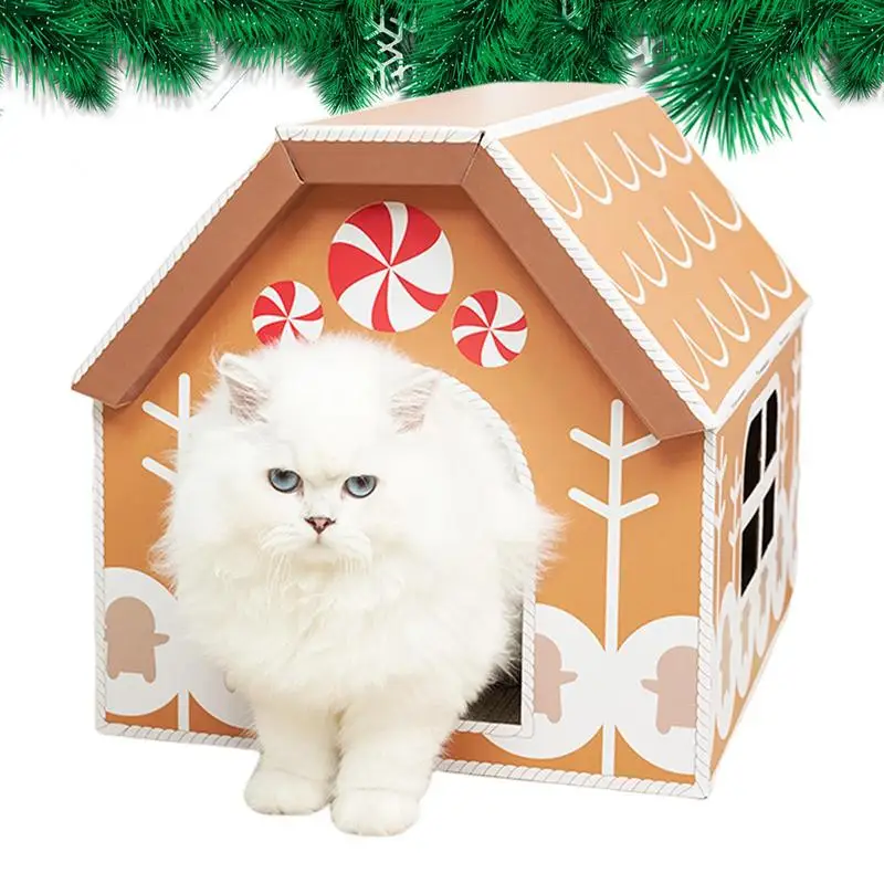 

Cardboard Cat House Christmas Theme Animal House With Scratcher Puppy Nest Foldable Kitten Sleeping Bed For Indoor Outdoor Pet