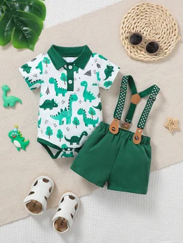 Baby Boy Summer Outfit 2-Piece Set Cartoon Dinosaur Print Polo Short Sleeve Romper with Fashionable Cute Overalls 1