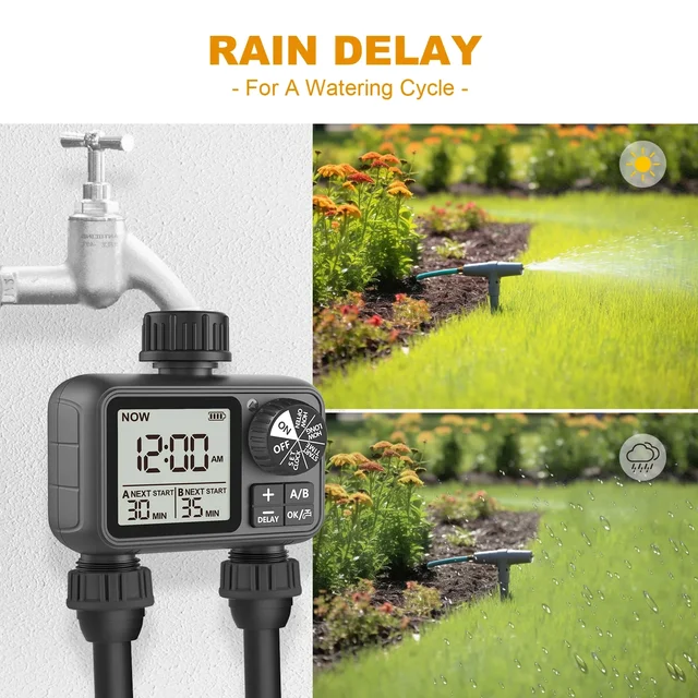 Water Timering Newest 2-Outlet Digital Water Timer A/B-Zone Independent Programer Control Adjustable Sprinker Easy Installation 2