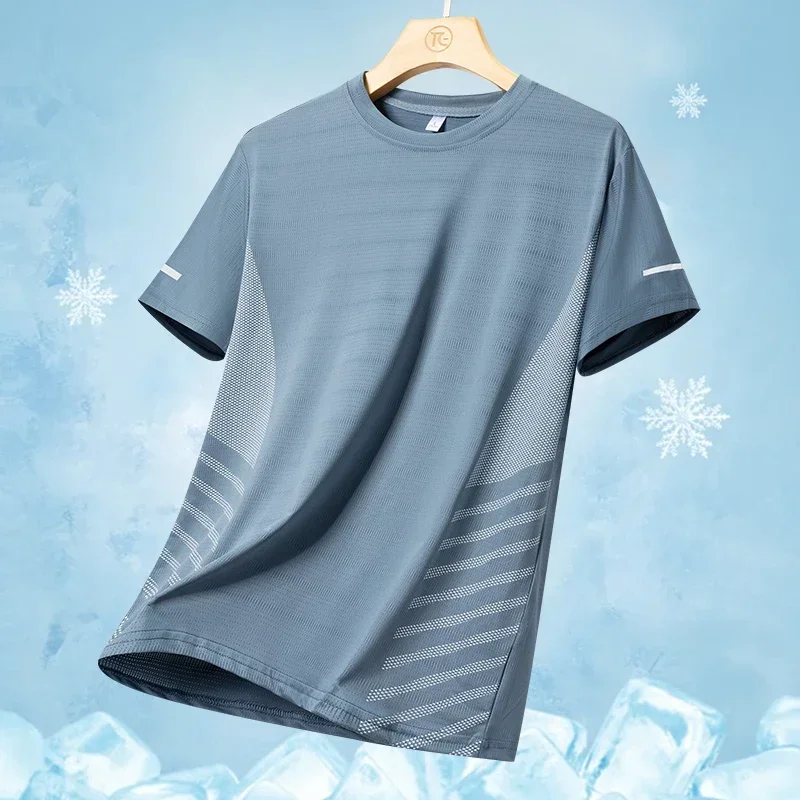 Running T-shirt Men Summer Ice Silk Thin Mesh Tops Reflective Print Quick Dry Short Sleeve Casual Elastic Fitness Sports Shirts 3