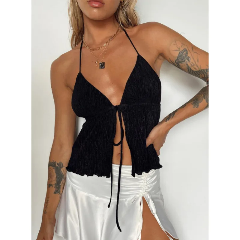 

Sexy Halter TopsV Neck Bandage Drawstring Backless Camis Women Clothes for Ladies Summer Tank Top 2024 Sleeveless Tees