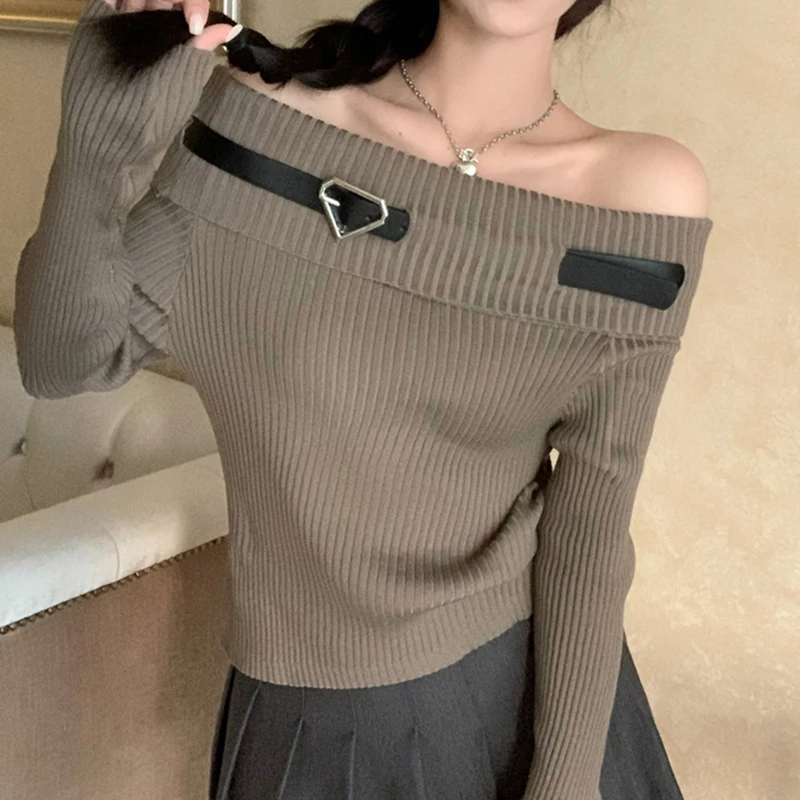 

HELIAR, женские сексуальные свитера с вырезом лодочкой, вязаные милые пуловеры с открытыми плечами, топ с поясом, длинный рукав, тонкий свитер, Осень-зима