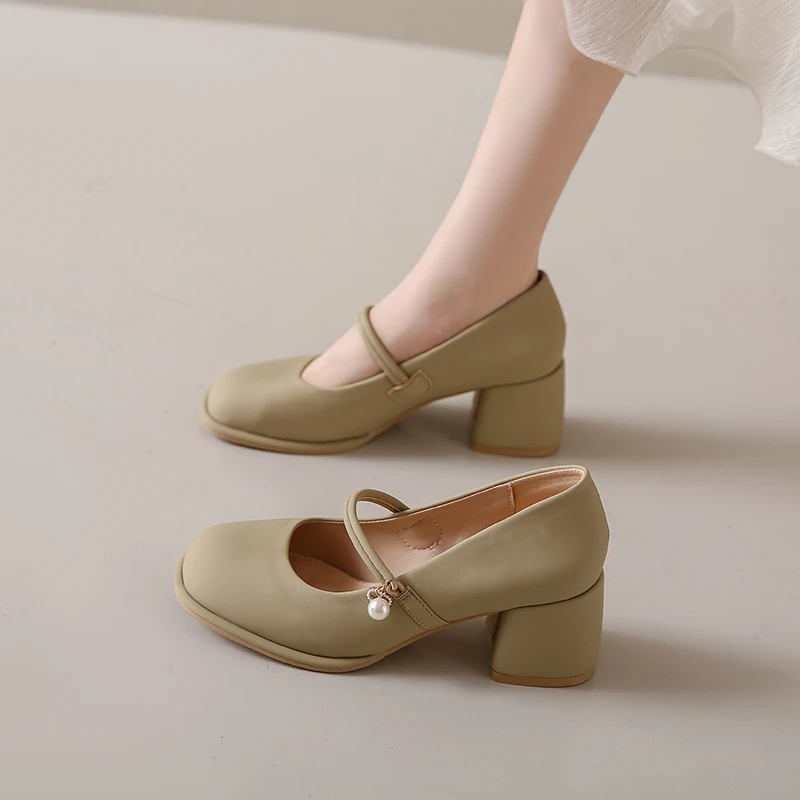 2024 NEW Oxford Shoes for Women Sweet Lolita Shoes Woman Slip on Square High Heels Solid Round Toe Pearl Pumps Size 34-40