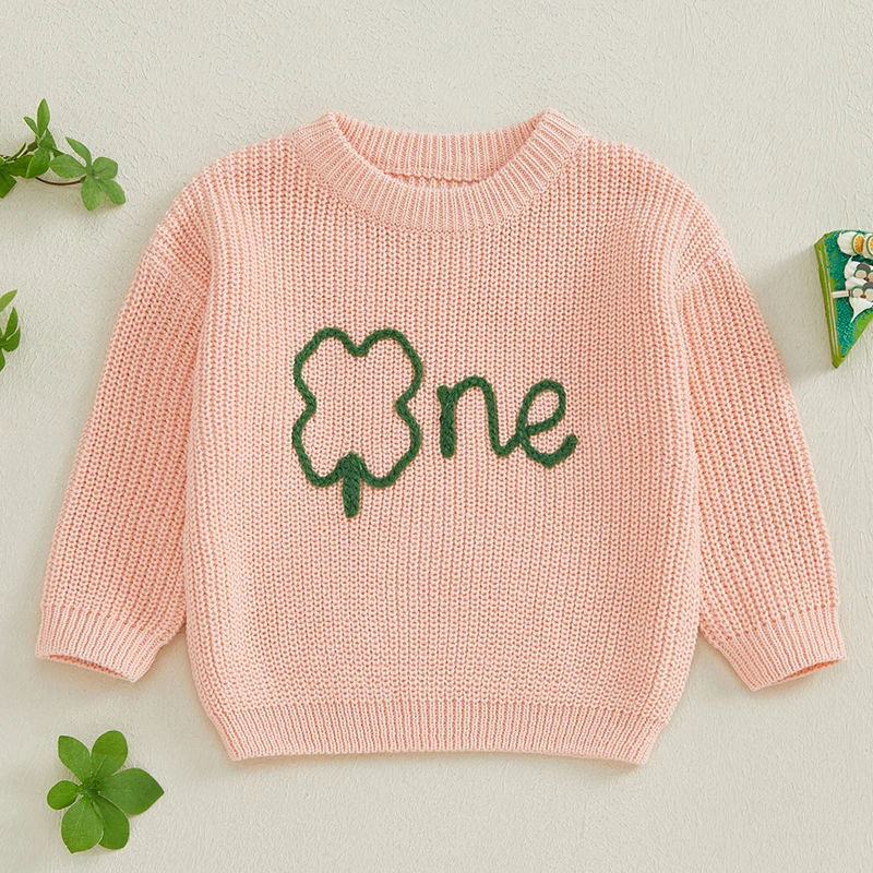 Infant Baby Boy Girl 1st Birthday Sweaters Fall Winter Clover Letter Embroidery Long Sleeve Crew Neck Pullovers Irish Clothes