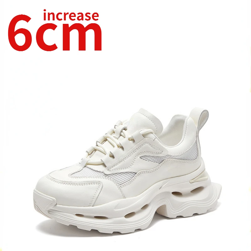 

Street Trendy Sneakers Increase 6cm Women's Shoes Genuine Leather Mesh Thick Sole Sports Dad's Shoes Women Elevated Casual Shoes