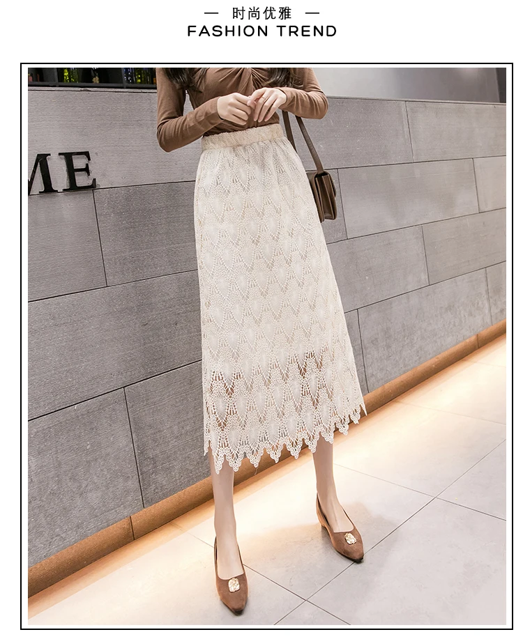 Lace Skirts Womens Korean Fashion Solid Color Elastic High Waist Ladies Skirt Hollow Out 2021Spring Wild Slim Midi Skirts Female crop top and skirt