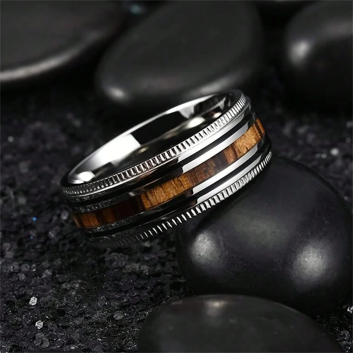 Fashion Silver Color Men Stainless Steel Koa Wood Rings Sawtooth Edge Engagement Rings For Men Women Wedding Party Jewelry Gifts
