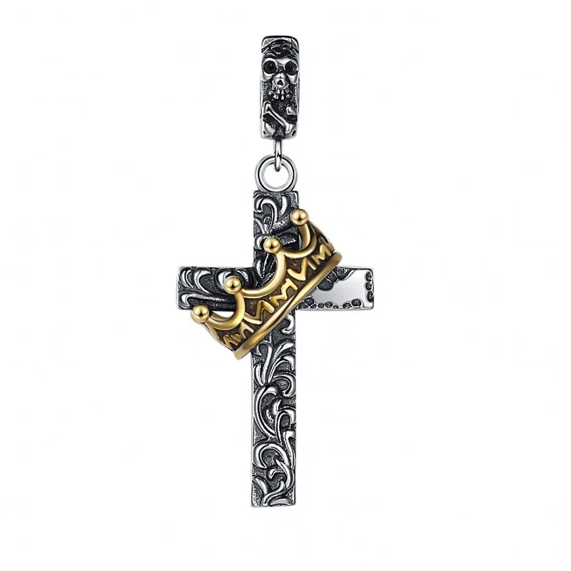 BOCAI new S925 Silver Fashion Tang Grass Pattern Design Crown Cross Pendant for Men and Women Hip Hop Contrast Color Jewelry