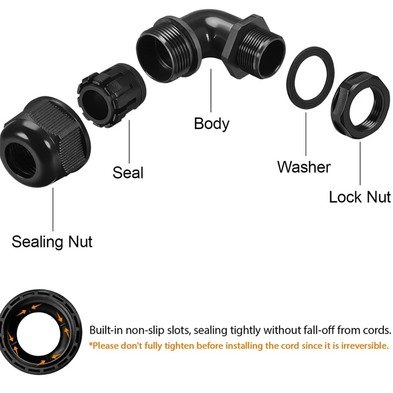 Waterproof IP68 90 Degree Cable Gland M12 M16 M20 M25 M32 Joint Adjustable Locknut Cord Connectors Nylon Joints w Gaskets 4-25MM