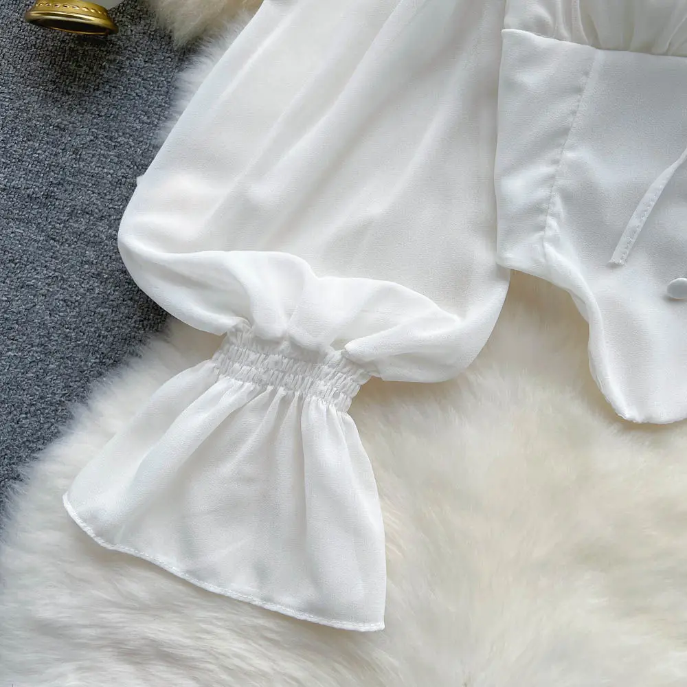 White Blouses Women Aesthetic Solid All-match Vintage Casual Ladies Tops Slim Schoolgirls Spring Bandage Lantern Sleeve Clothing