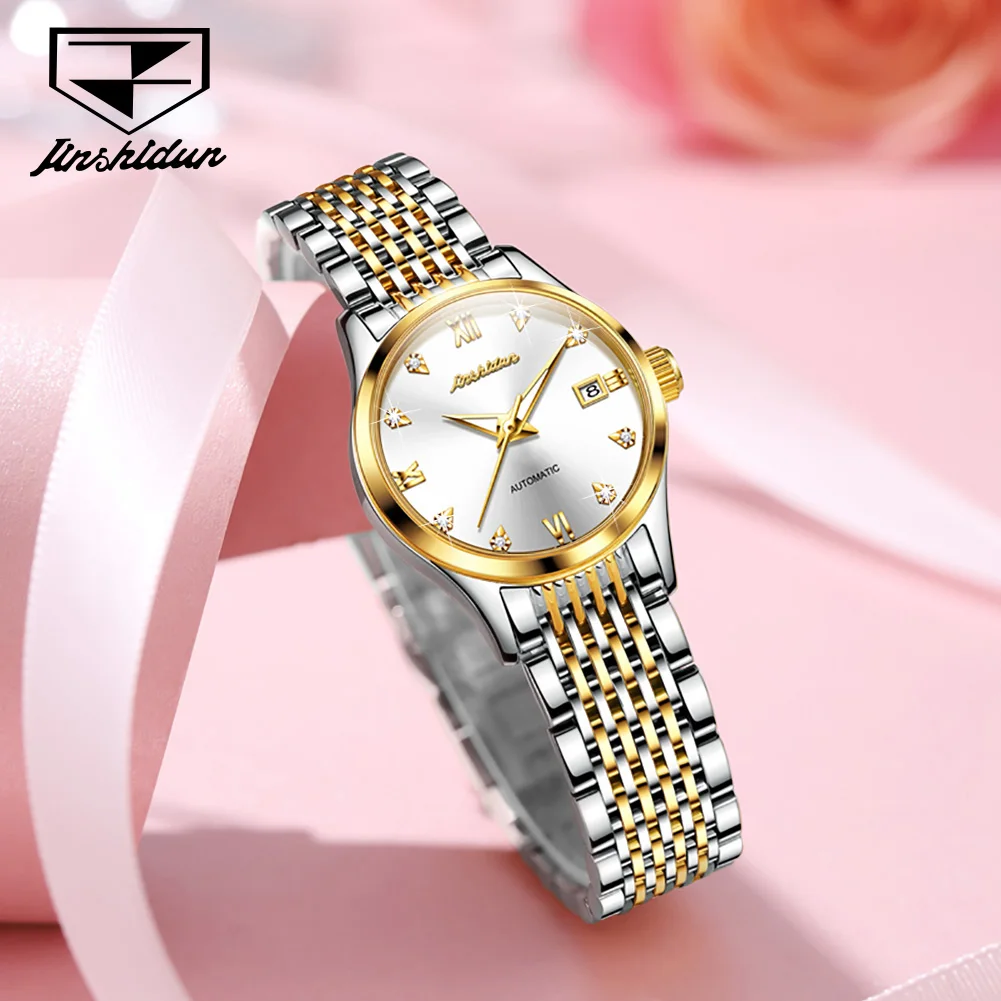 JSDUN 8807 Couple Watches Fashion Business Auto Date Stainless Steel Dress Wristwatch Original Waterproof Mechanical Watches