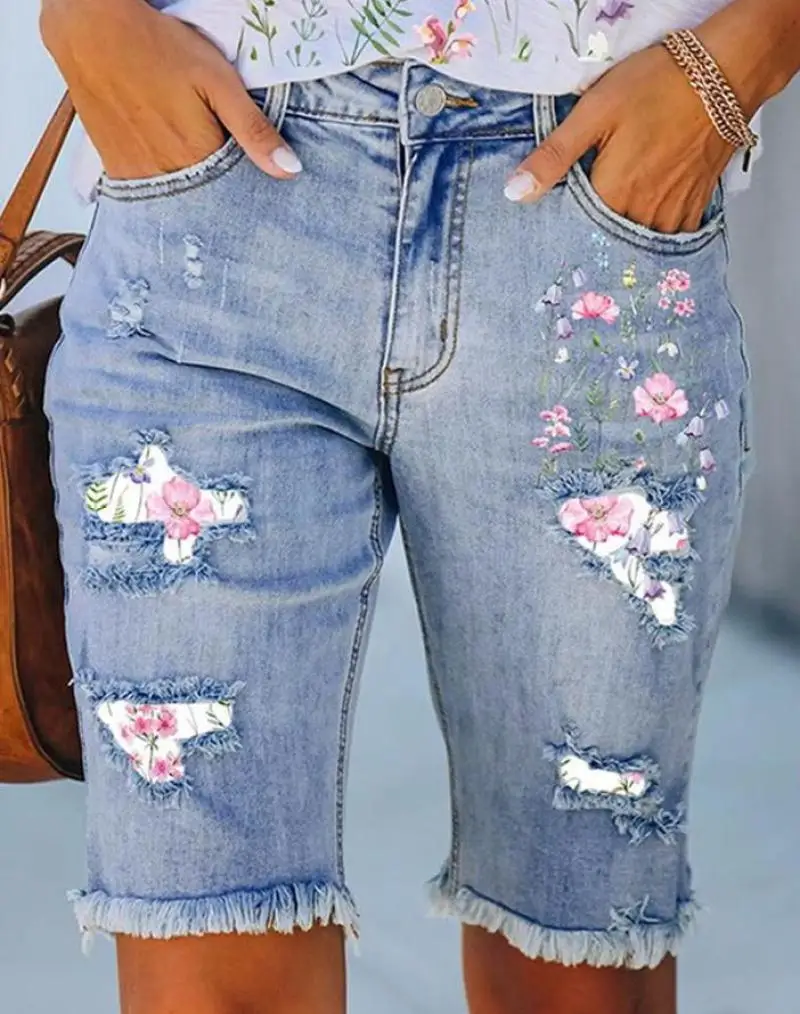 

Summer Fashion Denim Shorts Floral Print Ripped Raw Hem Denim Bermuda Short Pants European & American Women's Casual Clothing