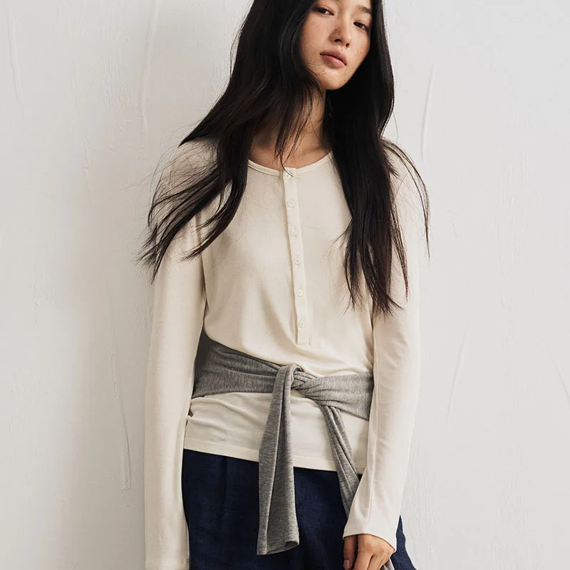 Silk Wool Basic Shirt Round Button Neck Slim Knitwear, Solid Color Striped...
