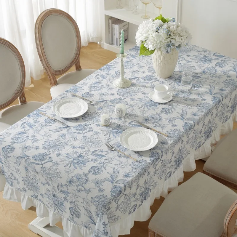 Blue Embroidered Flowers Cotton Tablecloth,Tea Table Decor,Rectangle Table Cover For Kitchen Wedding Party Festival Dining Room 3