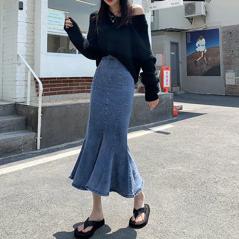 2022 Rimocy Fashion Split Long Denim Skirt for Women Summer High Waisted Mermaid Skirts Woman Package Hip Flare Skirt Female горный велосипед двухподвес liv intrigue lt 2 aged denim 29 2022