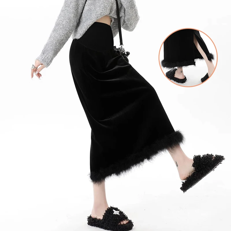 Autumn Winter Maternity Black Skirts Back Split Fur Hem Patchwork Pregnant Woman Straight Skirt Length 90cm