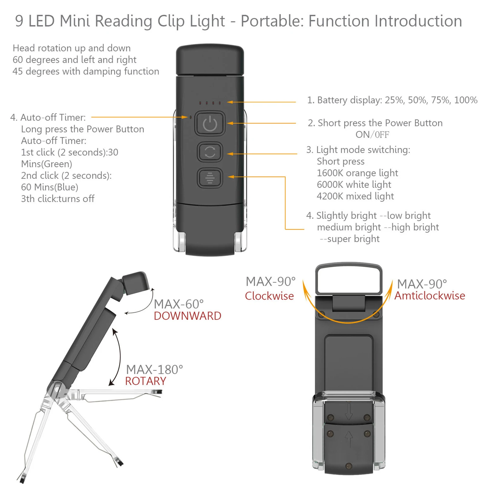 Lampka do czytania z przypinanym zegarem USB do wielokrotnego ładowania lampka nocna do czytania Protable składana zakładka LED do czytania światła Mini 3 tryb Booklight