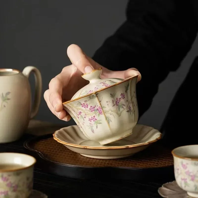 Retro Large Ceramic Tea Brewing Cup Set, Teacup, Anti-Scald, Beige Gracked Glaze, Single, Retro, Plum Blossom, Household
