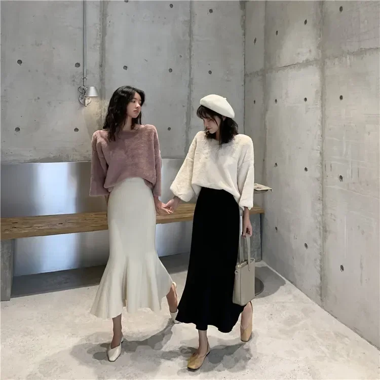 Simple Solid 4 Colors Knitted Skirts For Women Autumn Winter Elastic High Waist Bag Hip Long Skirts Elegant All-match Midi Skirt