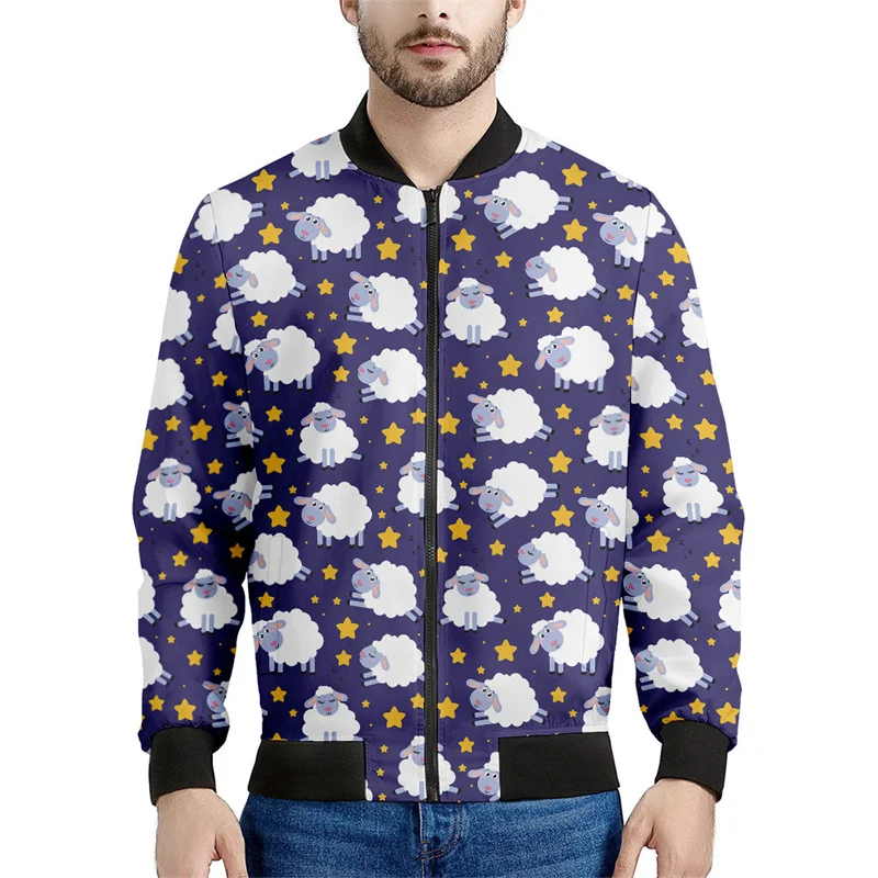 Chaqueta con cremallera y estampado 3D de ovejas y animales de dibujos animados para hombre, sudadera de gran tamaño, chaquetas de calle geniales para primavera y otoño, abrigos de manga larga