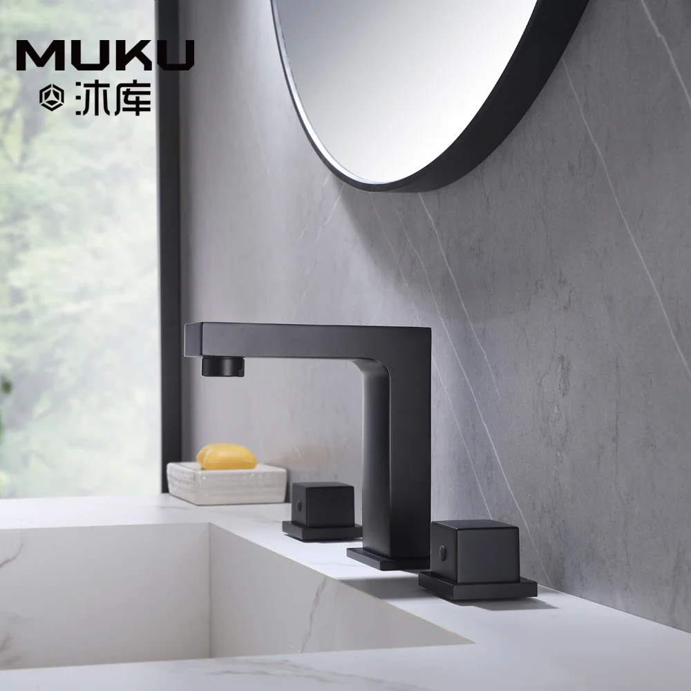 

Смеситель медный для ванной комнаты, смеситель для раковины с тремя отверстиями, с двойной ручкой, квадратный черный, для горячей и холодной воды