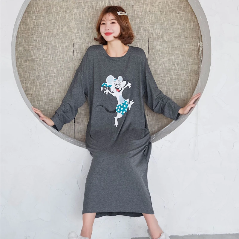 

Cute Mouse Modal Long Sleeved Nightdress Loose Extended Maternity Home Clothes Round Neck Night Dress Women Pajamas Sleep Dress