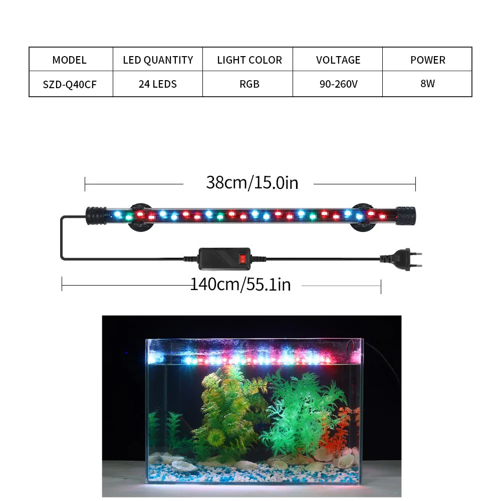 thumbnail image 1 of Lámpara LED para acuario de 90-260 V, resistente al agua, con clip para pecera, iluminación decorativa subacuática, lámpara sumergible para cultivo de plantas, 18-58 cm, 1 of 5